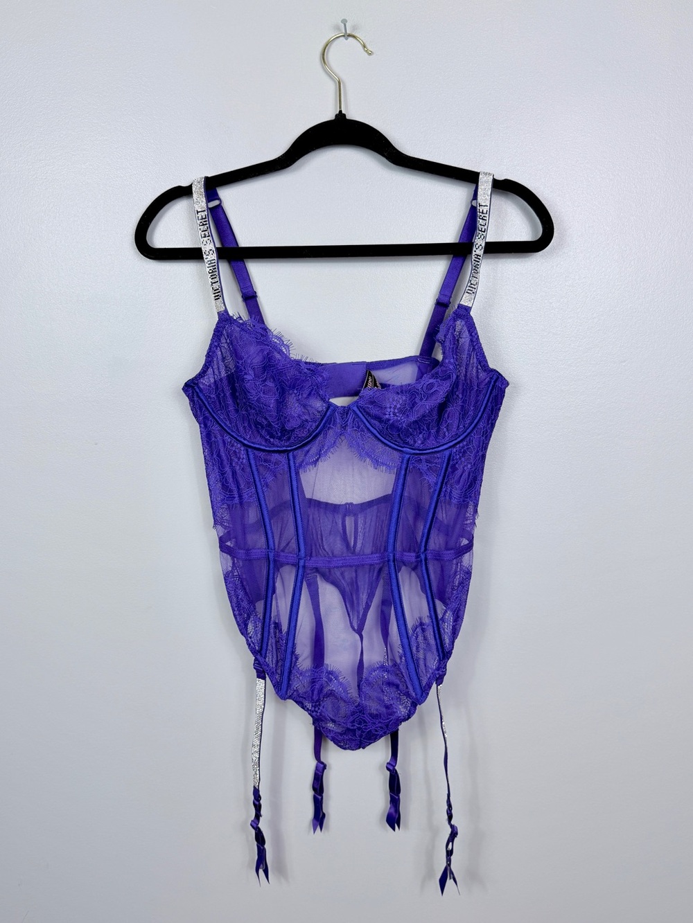 Victoria’s Secret purple lace rhinestone strap corset teddy lingerie size large